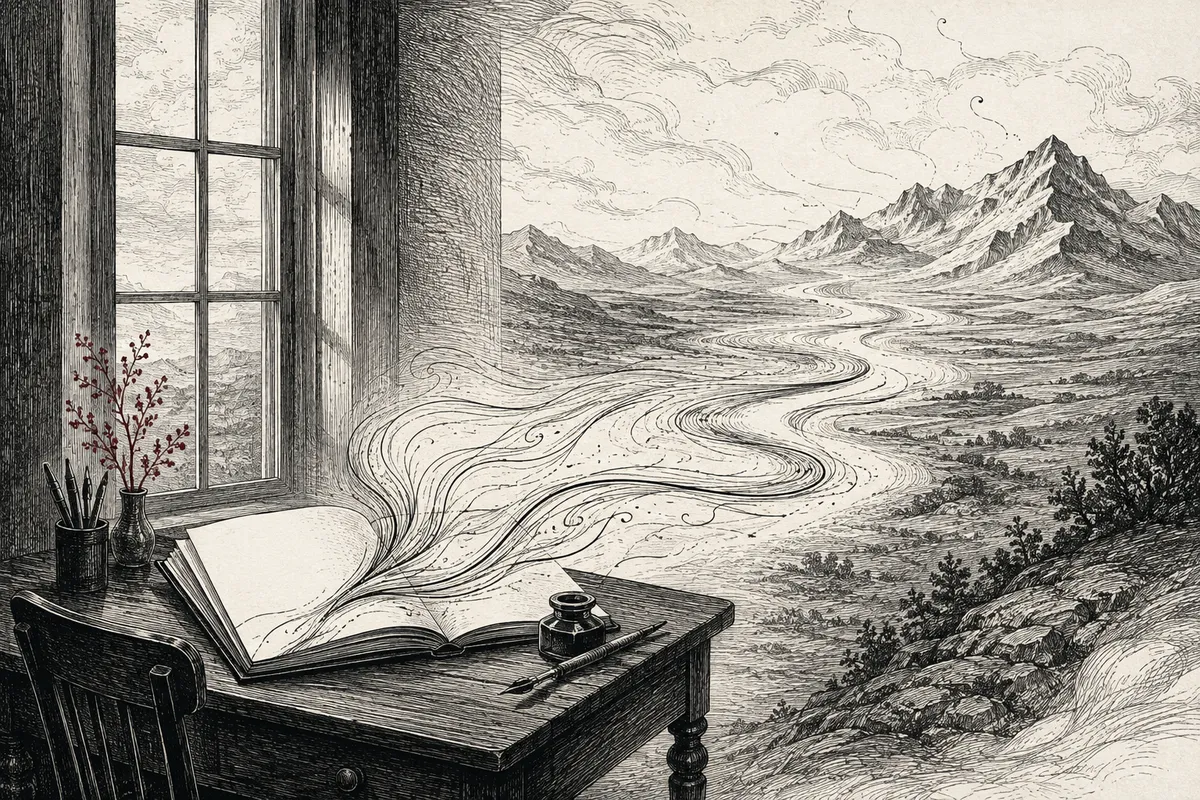 An open manuscript becomes a winding path from a writing desk to distant mountains.